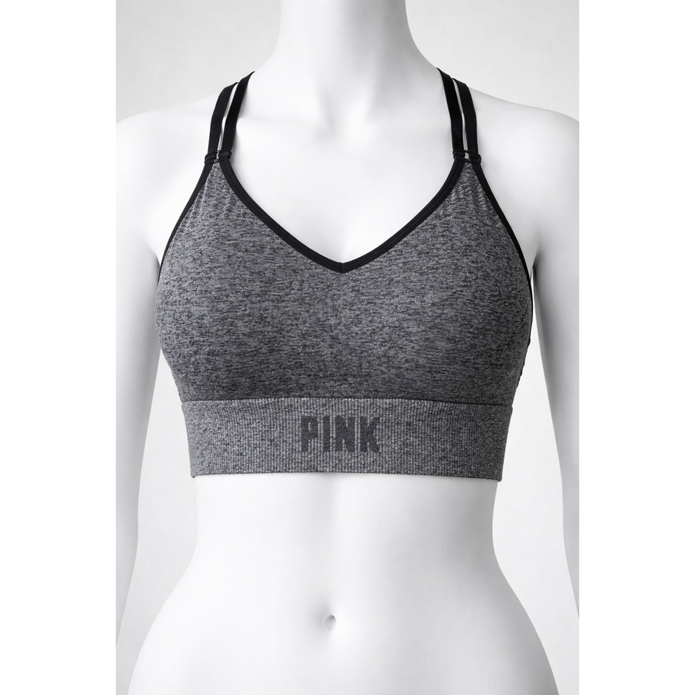 Victoria's Secret PINK Sports Bra Grey Heather Seamless Racerback V-Neck Workout